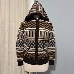 Vans Rare Retro Hooded Cardigan Sweater Brown Checkerboard Geometric Knit Size M